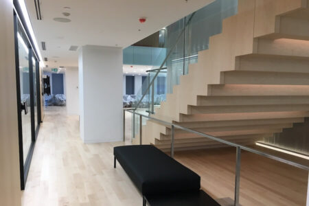 Large modern staircase with glass railing